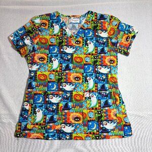 Women's Peaches Uniforms Halloween Ghosts Medium Scrub Top Shirt V Neck Medical